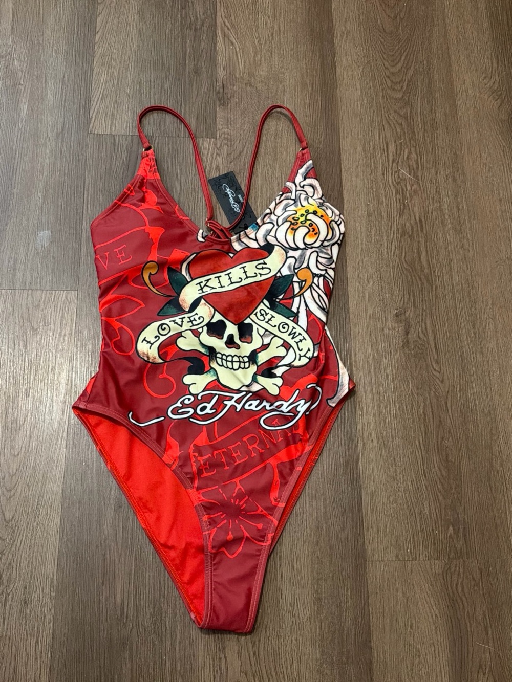 Ed Hardy Red Floral Graphic One-Piece Swimsuit